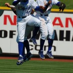 Outfielders Derrick Robinson (front), Jason Bourgeois (right), and Wil Myers (back) have ups. Bourgeois broke up a no-hitter in the 4th and started an explosion of offense. Omaha won 8-5.